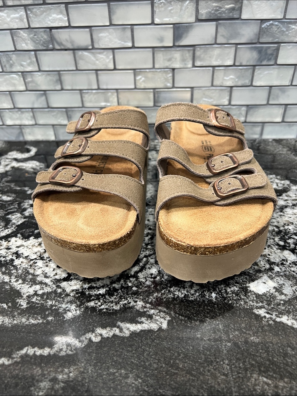 Project cloud Women's Taupe Triple-Buckle Platform Sandals